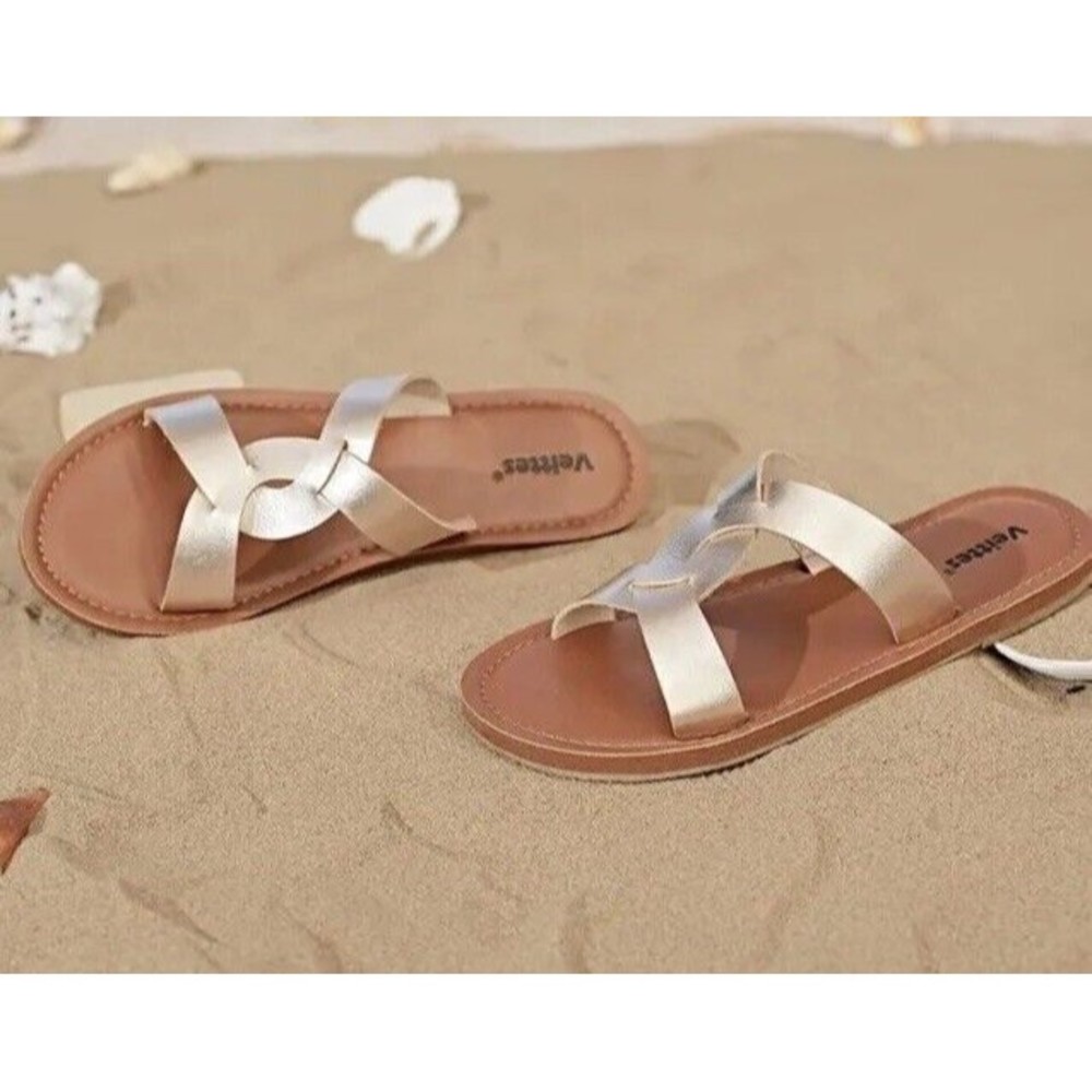 New Womens Flat Sandals Size 9 Gold Color summer shoes Veittes